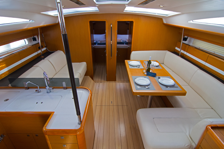 Omega Kiss galley and dining interior shot