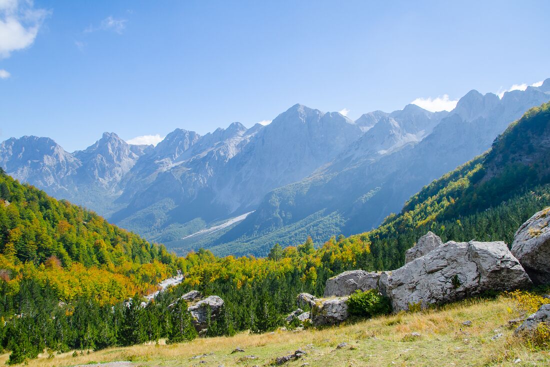 Hillside hiking panorama Valbona Valley and Theth National Park in the Albanian Alps