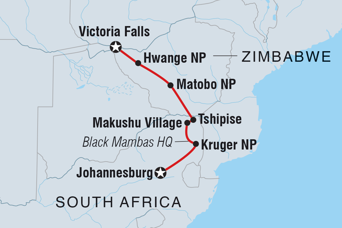 Map of Vic Falls To Kruger including South Africa and Zimbabwe