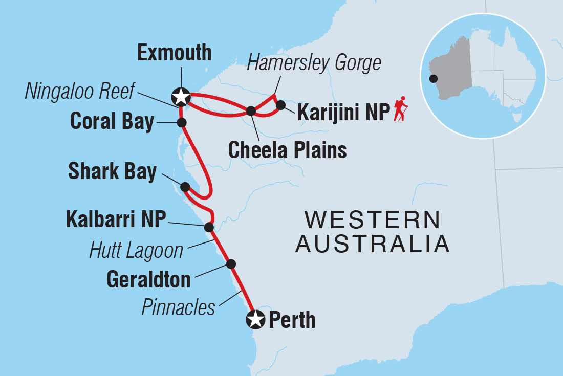 Map of West Coast & Karijini Adventure including Australia