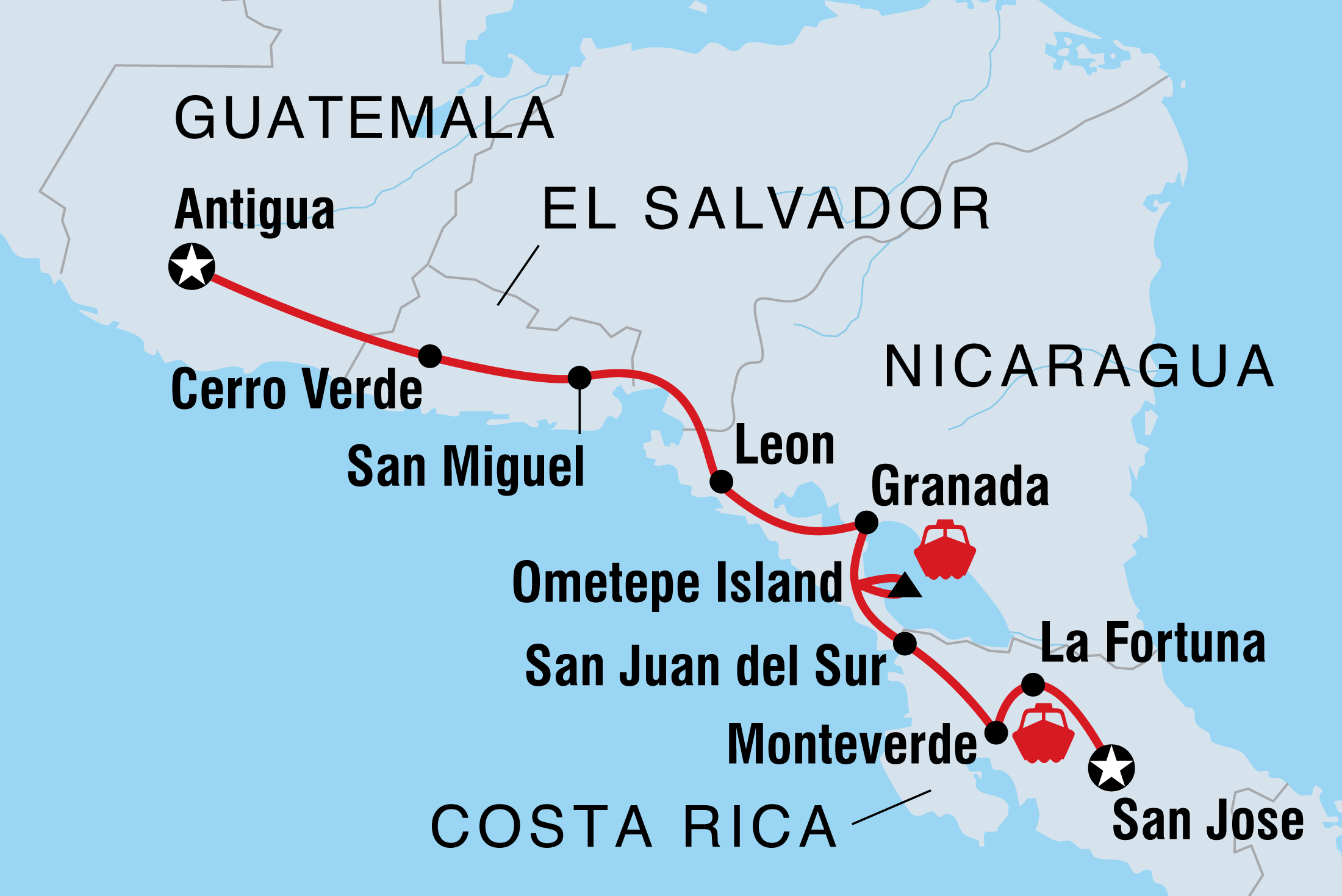 Map of Real Guatemala To Costa Rica including Costa Rica, El Salvador, Guatemala, Honduras and Nicaragua
