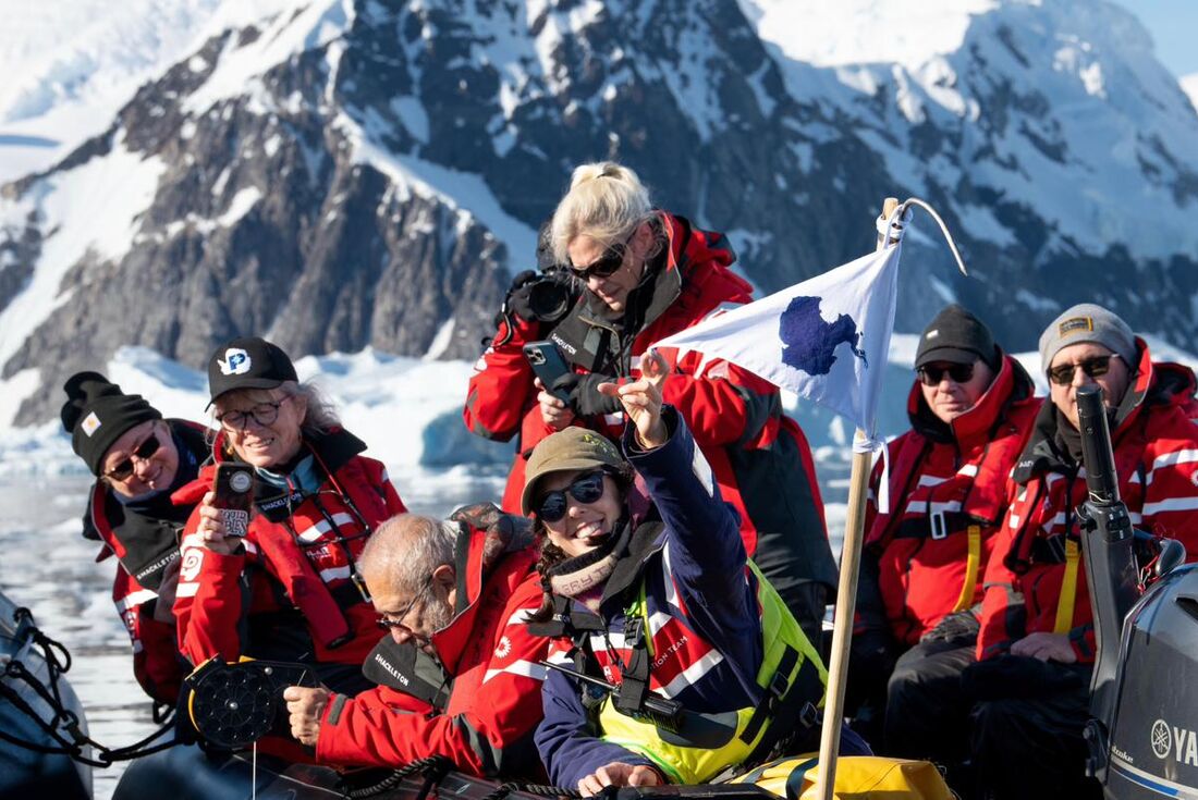 Citizen Science traveller participants out on a zodiac excursion off the South Shetlands