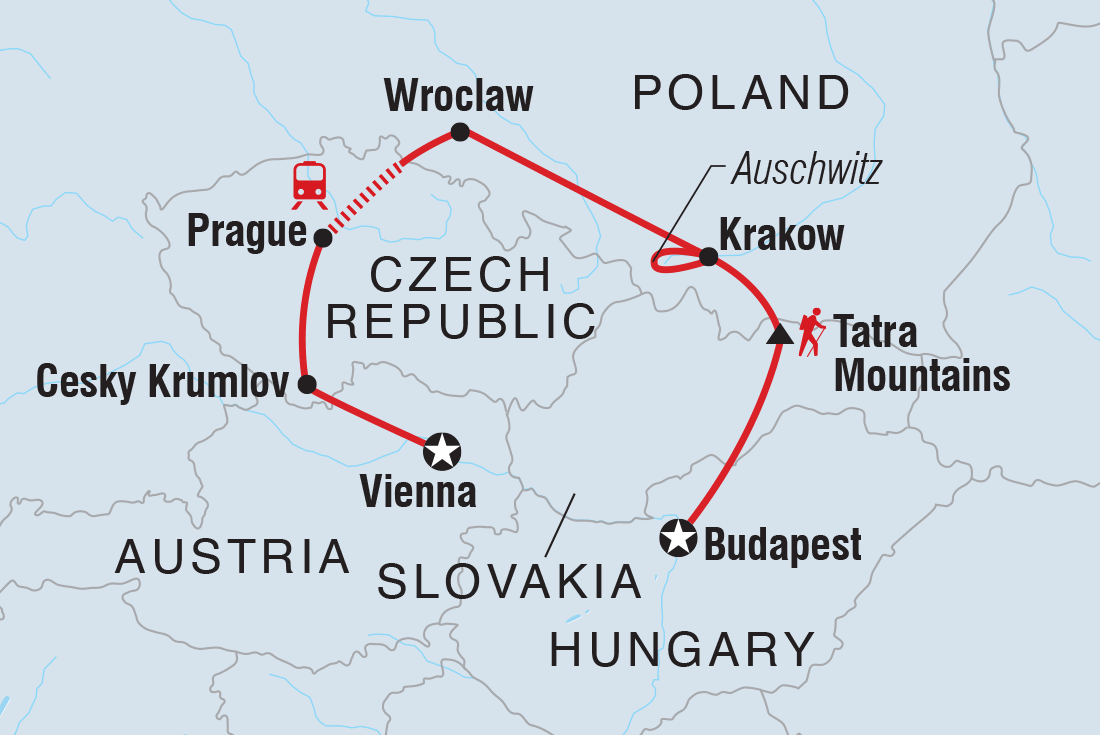 Map of Best Of Central Europe including Austria, Czech Republic, Hungary, Poland and Slovakia