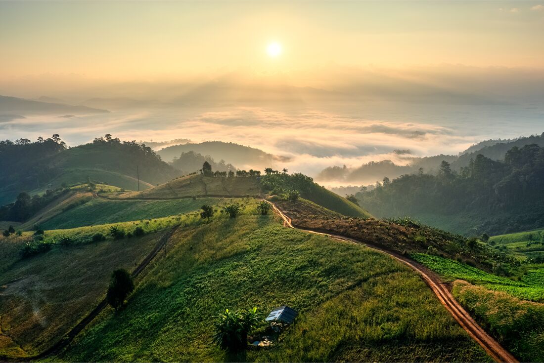 Green hill landscape during sun rise in Chiang Dao country side in Chiang Mai, Thailand 