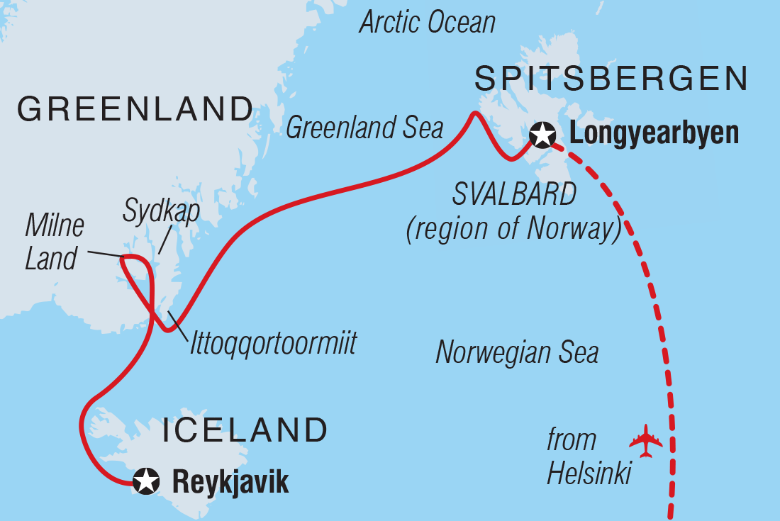 Map of Three Arctic Islands: Spitsbergen, Greenland And Iceland (Southbound) including Finland, Greenland, Iceland and Norway