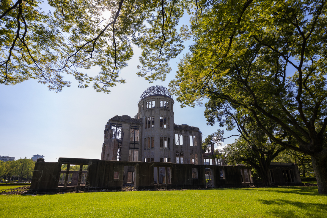 Hiroshima Peace Park's A-Bomb Dome, a burnt metal dome atop concrete building marking the tragedy of the bombing of Hiroshima