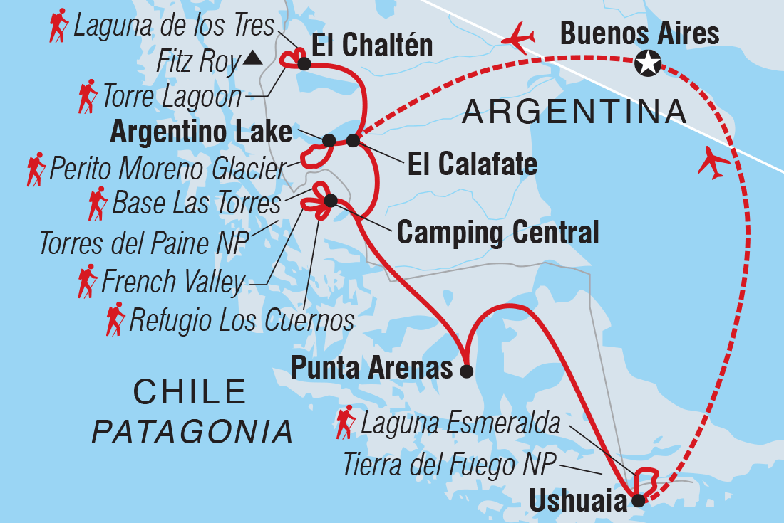 Map of Classic Hikes Of Patagonia including Argentina and Chile