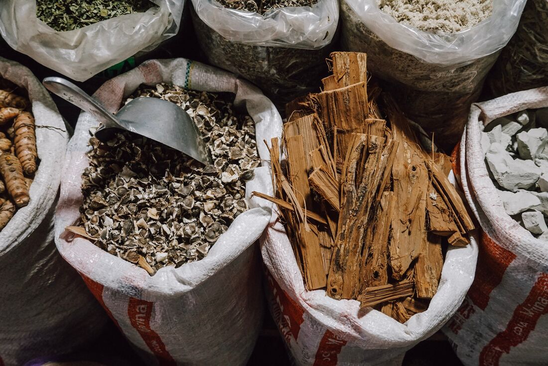 Details shots of an assortment of spices available at the San Pedro Market in Cusco, Peru