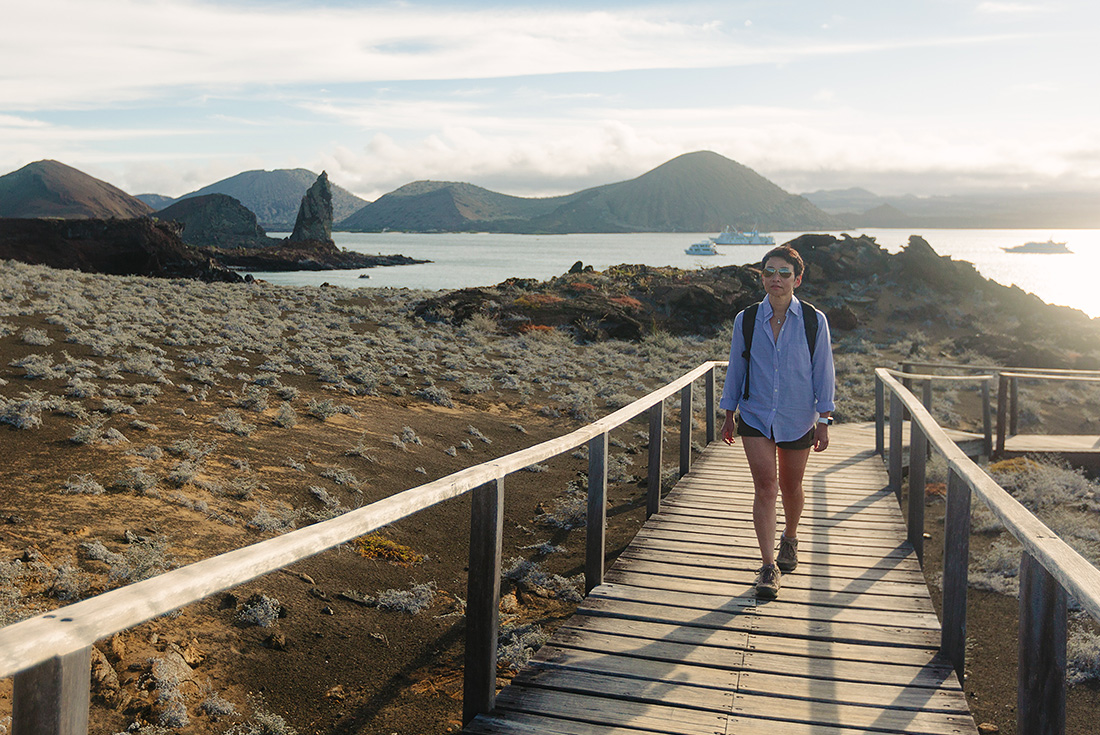 Traveller on boardwalk, Isla Bartolome, Galapagos Islands