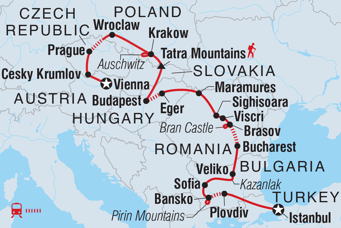 Map of The Best Of Eastern Europe including Austria, Bulgaria, Czech Republic, Hungary, Poland, Romania, Slovakia and Turkey