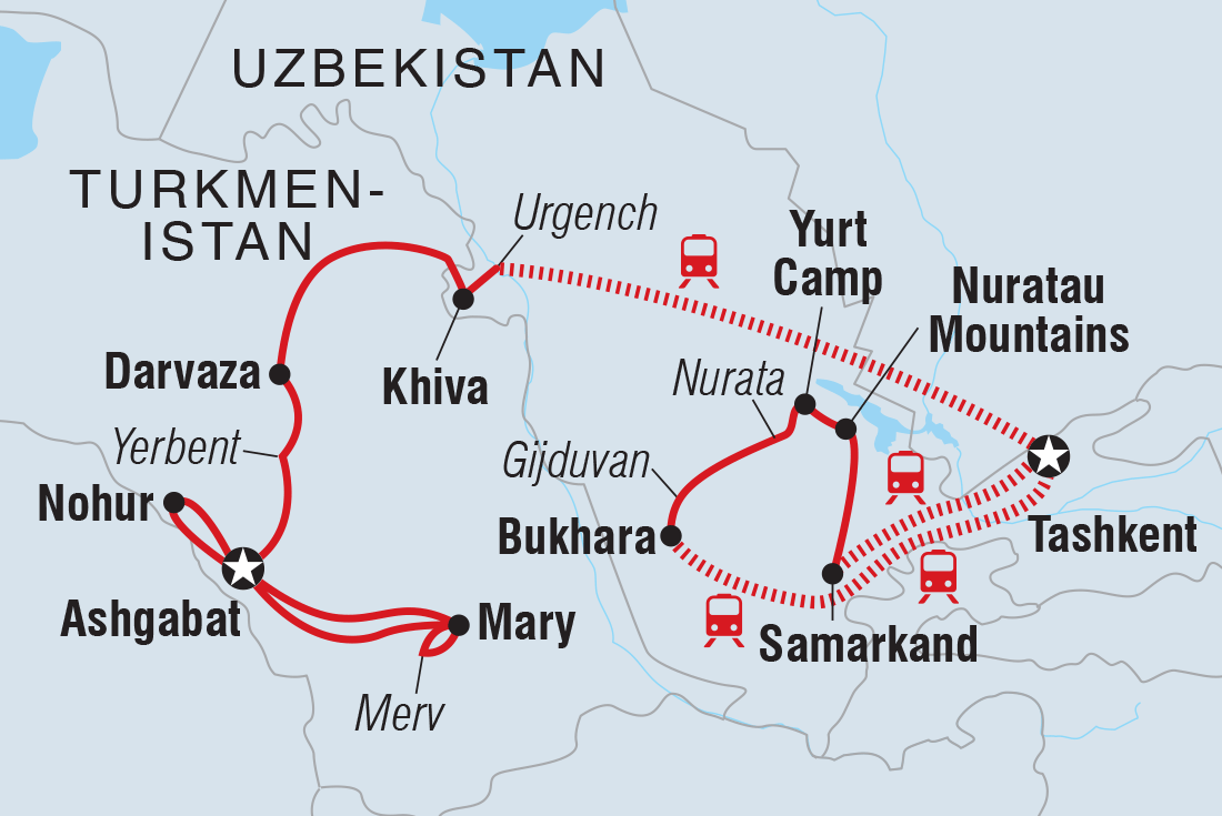 Map of Uzbekistan & Turkmenistan Adventure including Turkmenistan and Uzbekistan