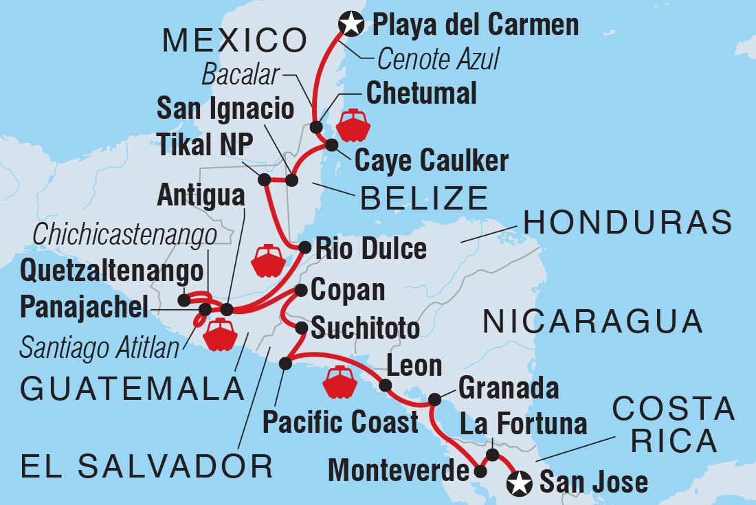 Map of Central American Adventure including Belize, Costa Rica, El Salvador, Guatemala, Honduras, Mexico and Nicaragua