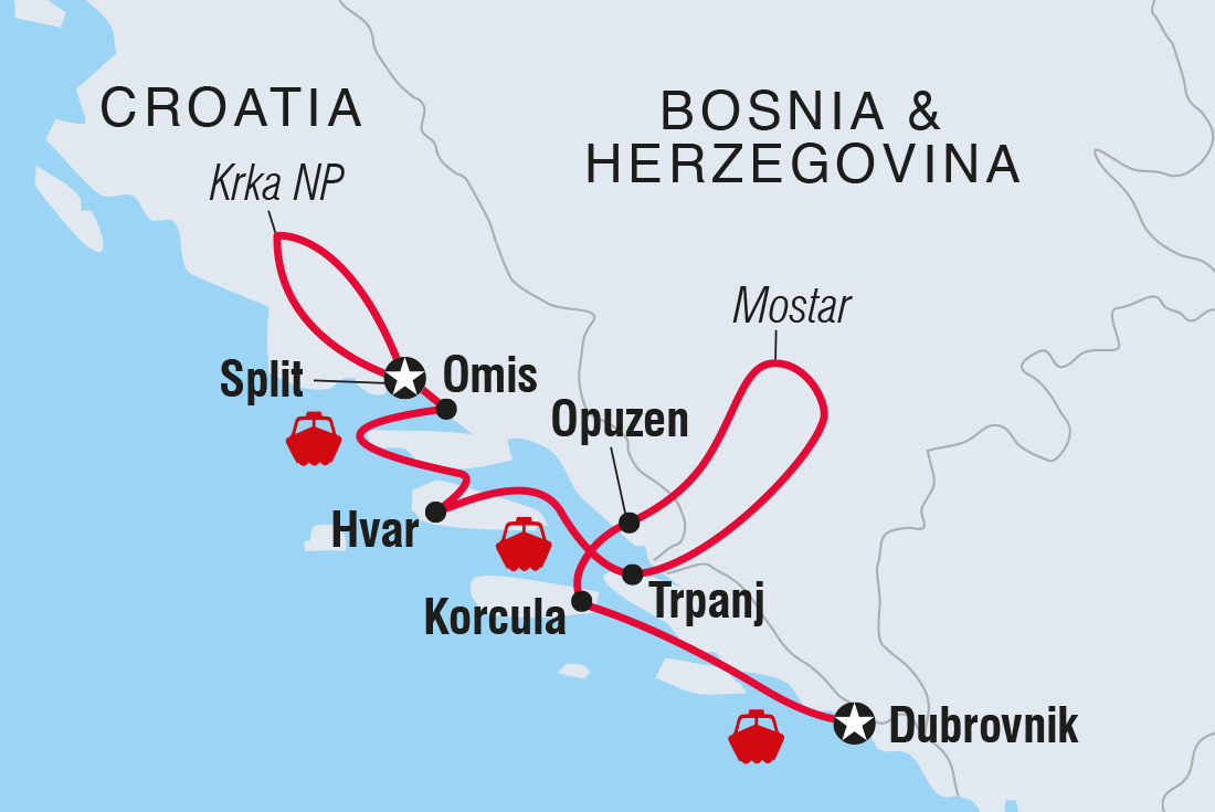 Map of Croatian Coastal Cruising: Dubrovnik To Split (Aurora) including Bosnia And Herzegovina and Croatia