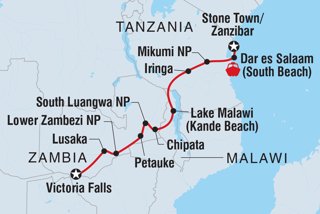Map of Vic Falls To Stone Town including Malawi, Tanzania, United Republic Of, Zambia and Zimbabwe