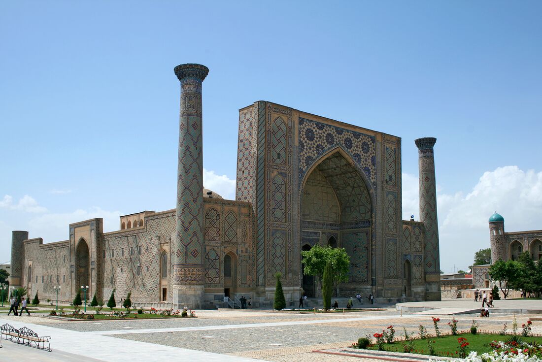Wide view of the Tilya-Kori Madrasa in Register Square, Samarkand, Uzbekistan