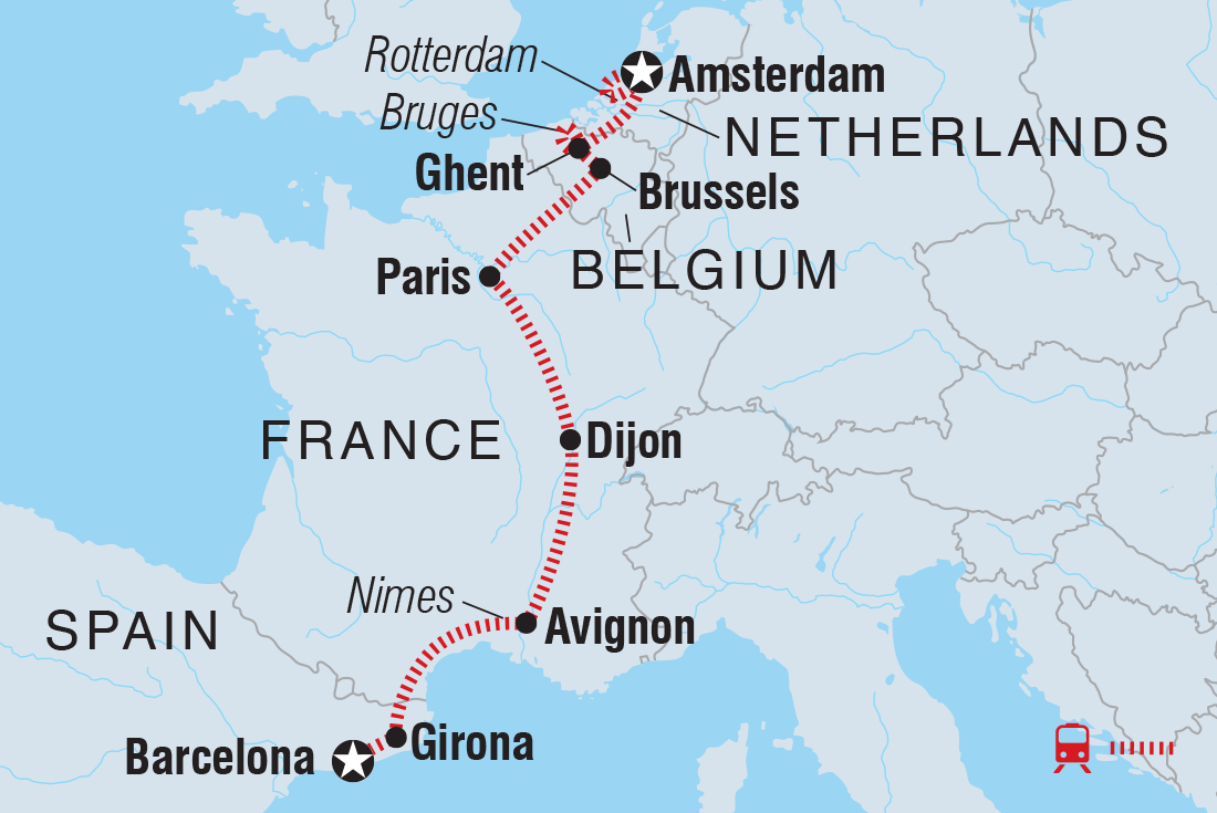 Map of Barcelona To Amsterdam including Belgium, France, Netherlands and Spain