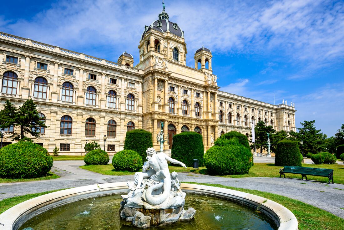 Gardens and fountain of the Naturhistorisches museum in Vienna, Austria