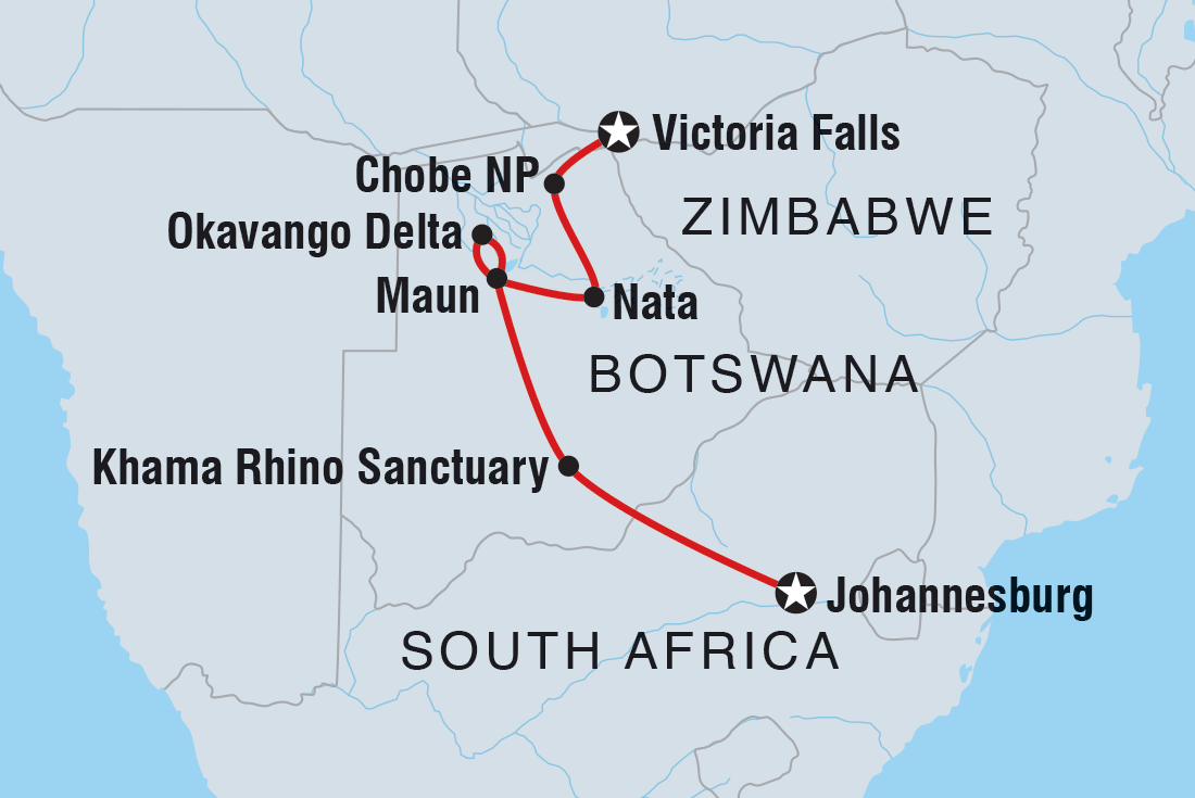 Map of Okavango Experience including Botswana, South Africa and Zimbabwe