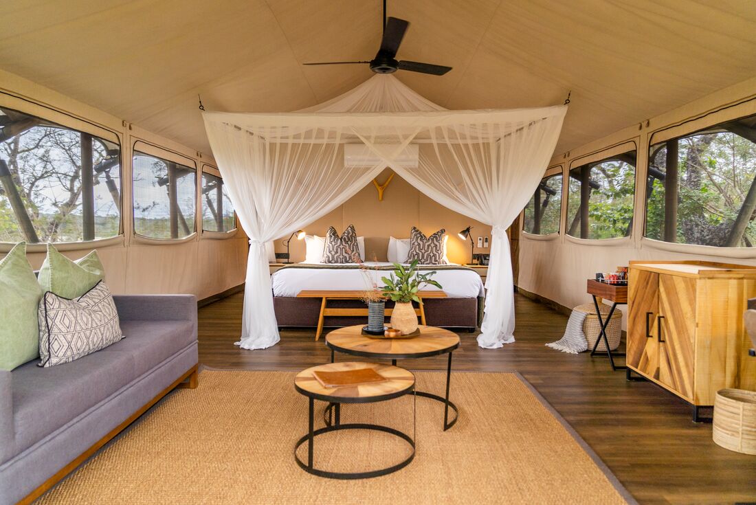 Luxury tent interior at the Mdluli Safari Lodge 