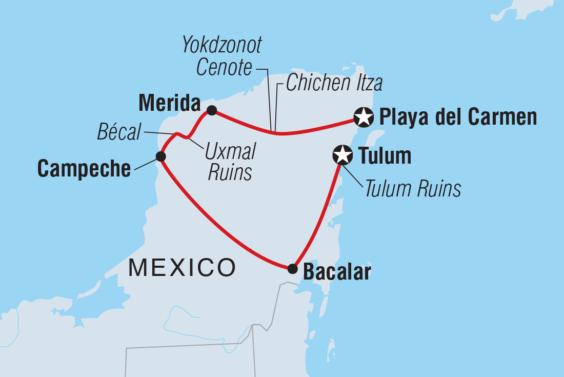 Map of Yucatan Peninsula Adventure including Mexico