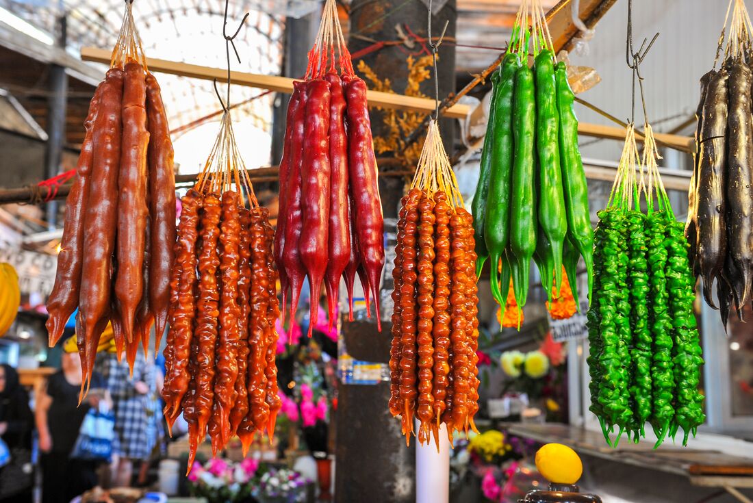 Colourful tradtional snacks Churchkhela at Telavi Markets in Geoergia