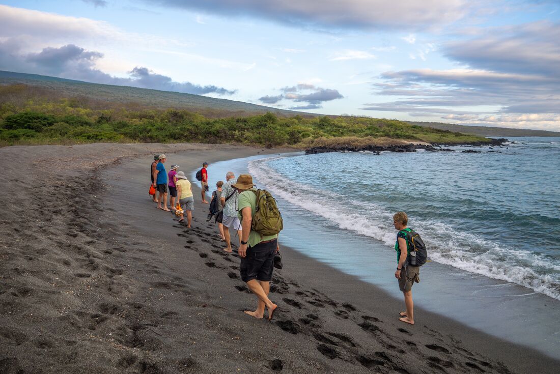 Intrepid travellers arrive on the black sands of Isla Isabela in the Galapagos