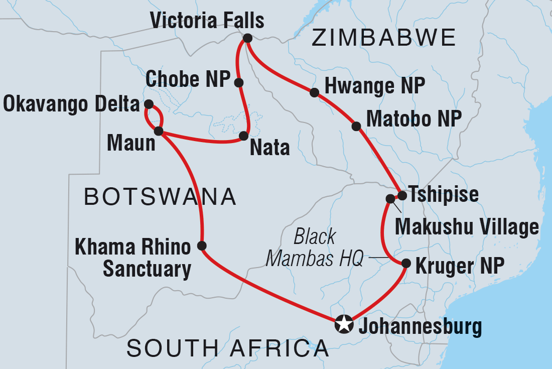 Map of Explore Southern Africa including Botswana, South Africa and Zimbabwe