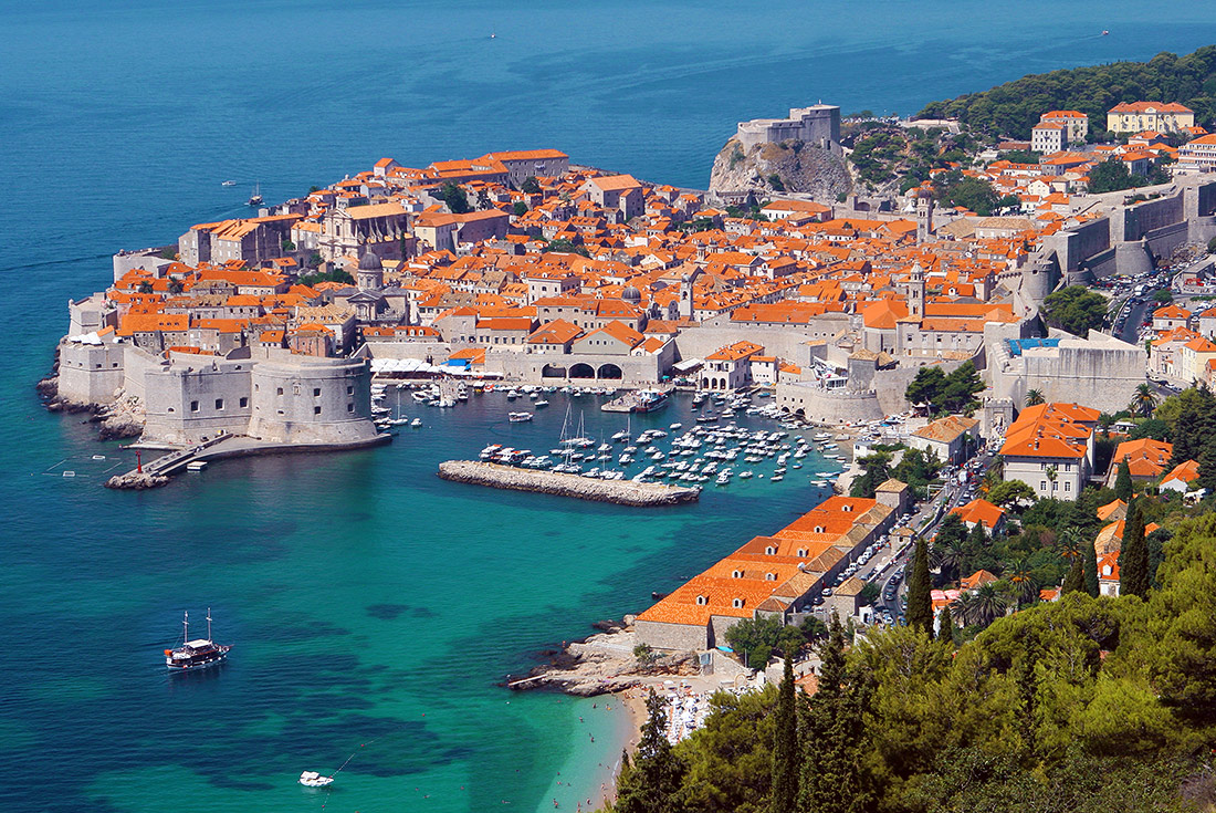 Aerial view of old town fortress and harbour, Dubrovnik, Croatia