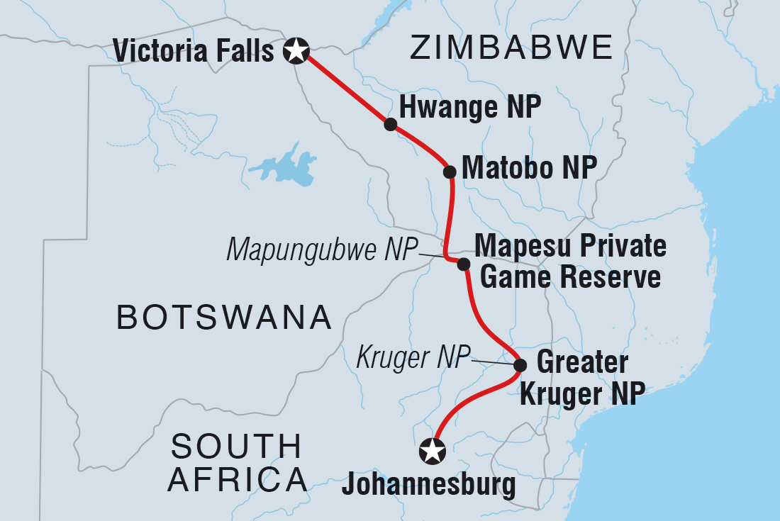 Map of Southern Africa Safari including South Africa and Zimbabwe