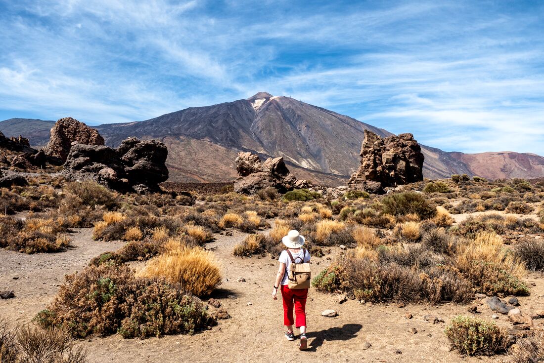 Hiking in Teide National Park approaching Mount Teide volcano on Tenerife in the Canary Islands of Spain