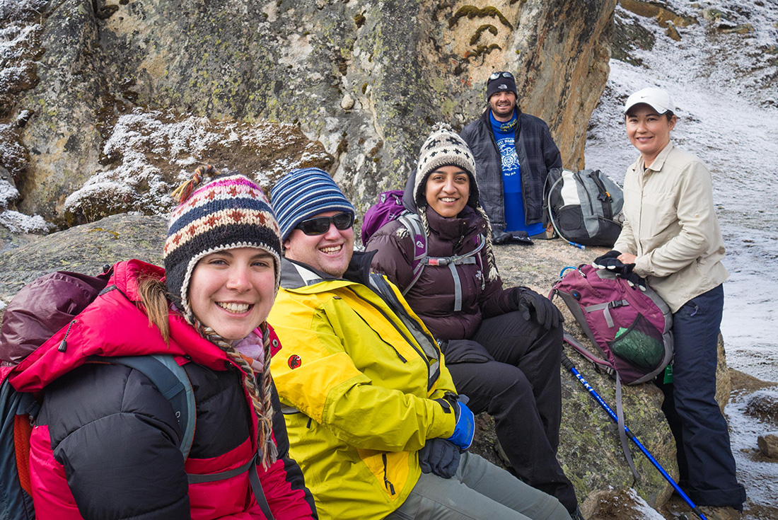 Happy group of Intrepid Travellers resting on their way to Everest Base Camp, Nepal