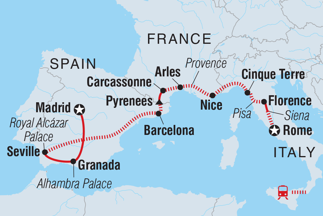 Map of Madrid To Rome including France, Italy and Spain