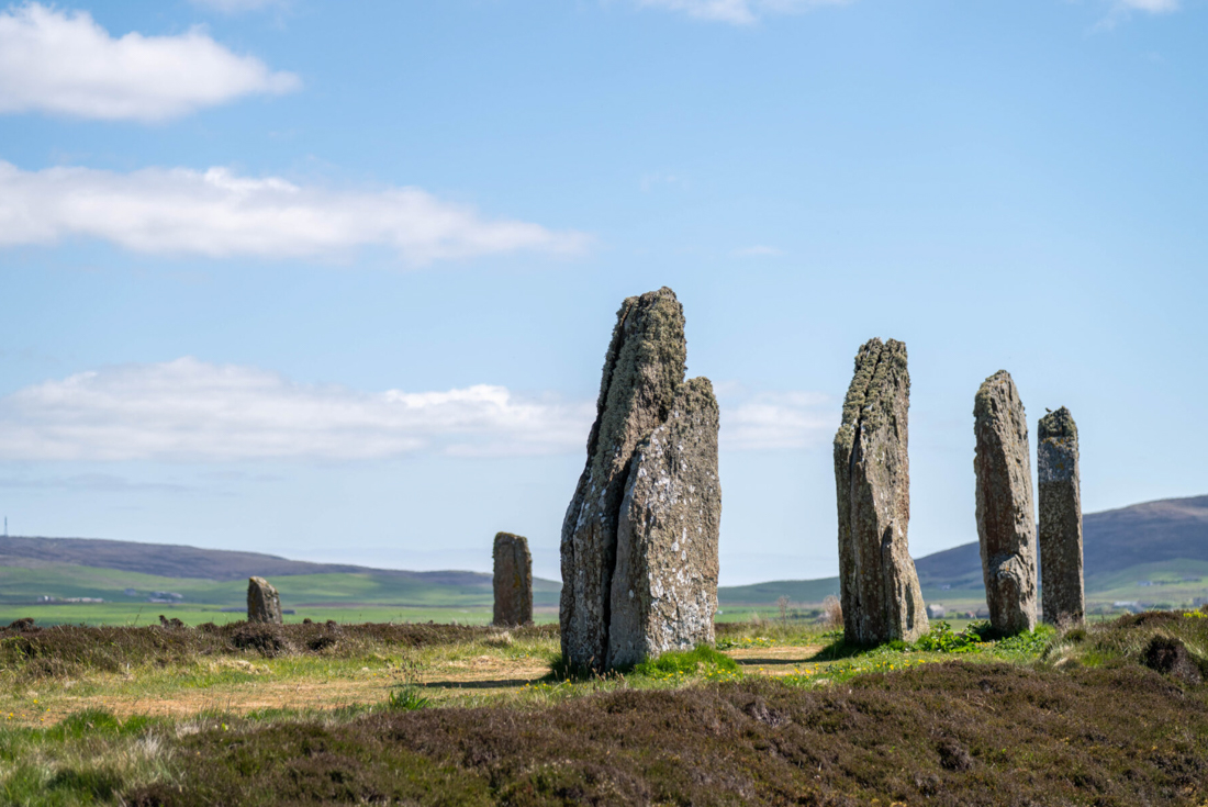 The neolithic Ring of Brodgar, a megalithic henge constructed around 2500 BCE, near Stromness