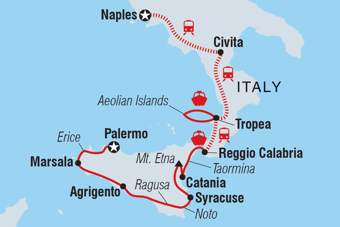 Map of Highlights Of Calabria, Mount Etna & Sicily including Italy