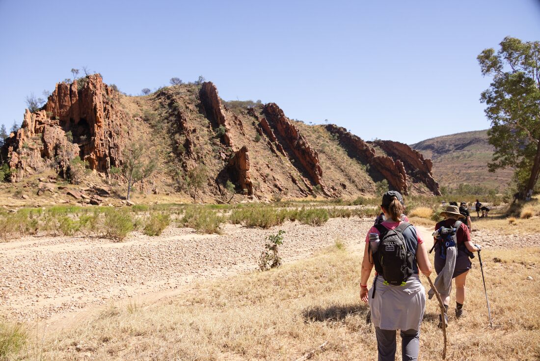 Intrepid travellers hike through Yapulpa (Glen Helen Gorge)