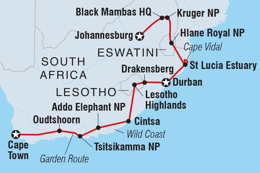 Map of Kruger, Coast & Cape including Lesotho, South Africa and Swaziland