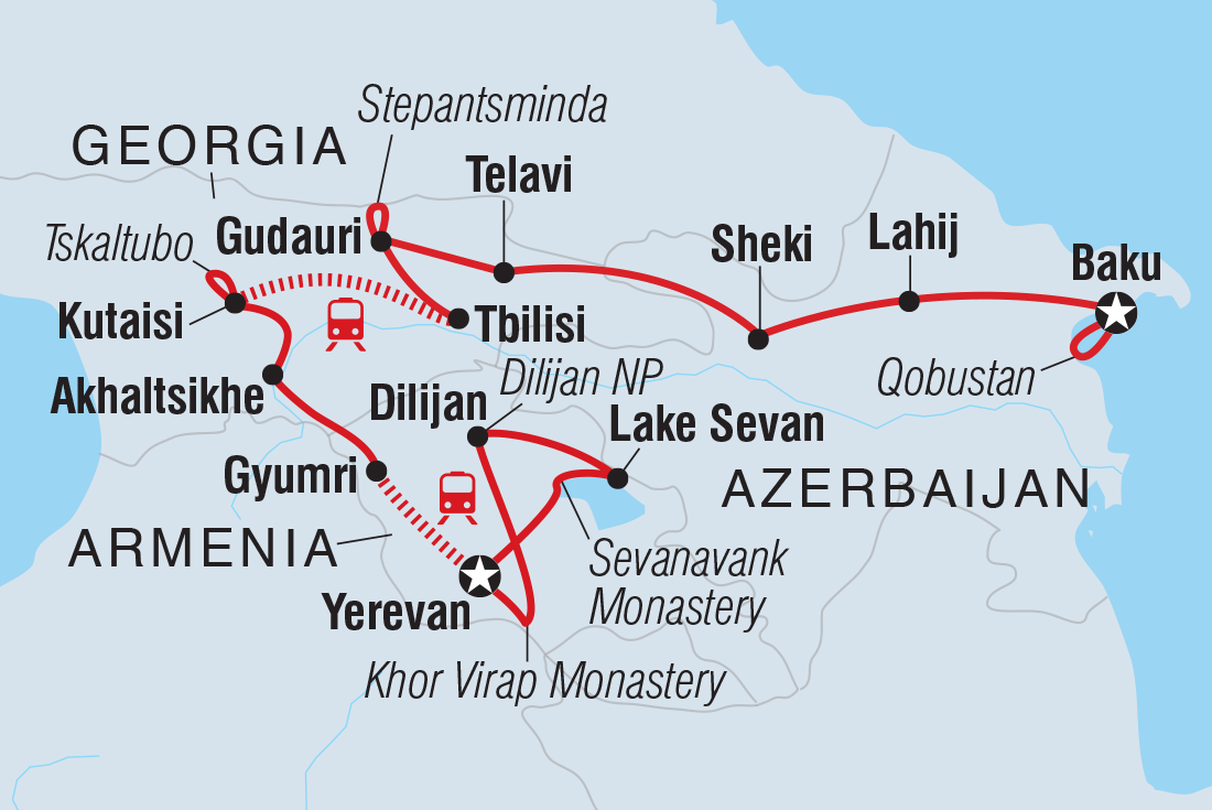 Map of Azerbaijan, Georgia & Armenia Adventure including Armenia, Azerbaijan and Georgia